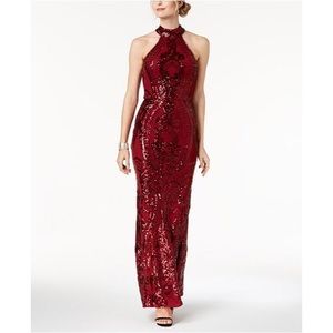 Burgundy Sequin Halter Open Back Formal Dress